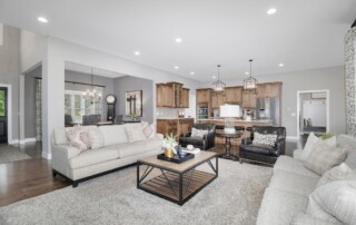 open living room with kitchen in background