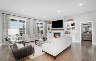 open bright interior with fireplace