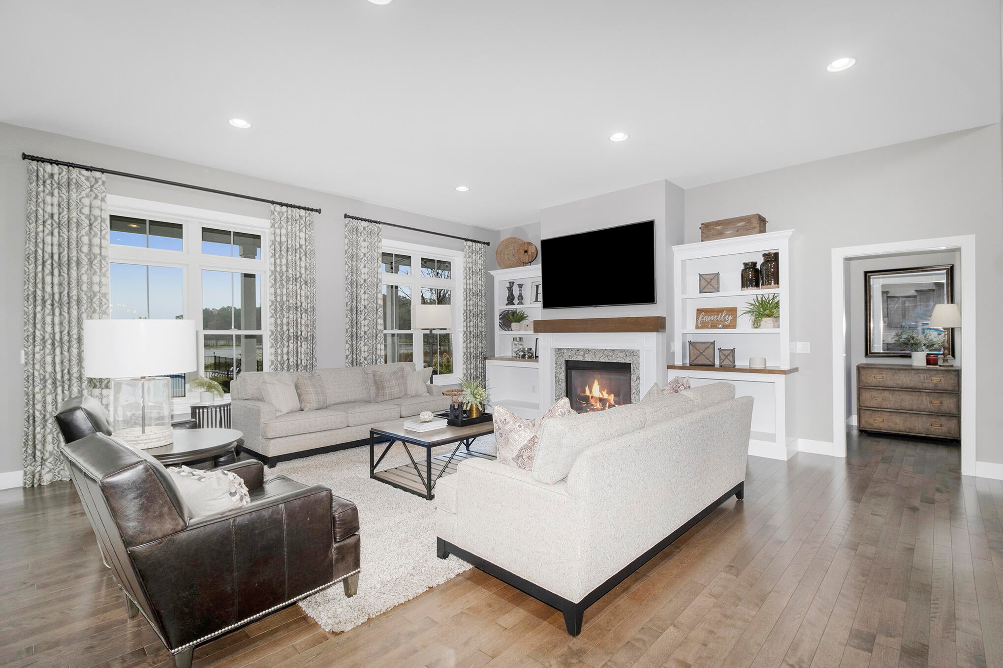 open bright interior with fireplace
