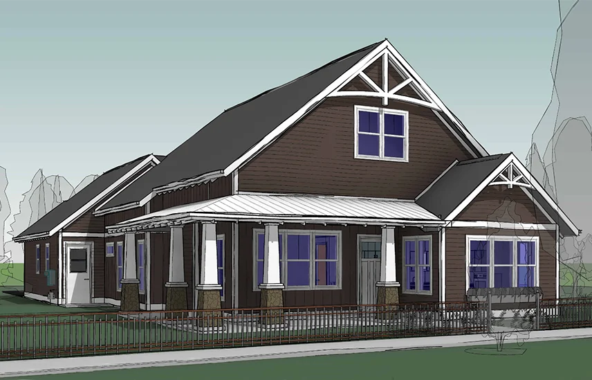 front angled rendering of brown home with wraparound porch