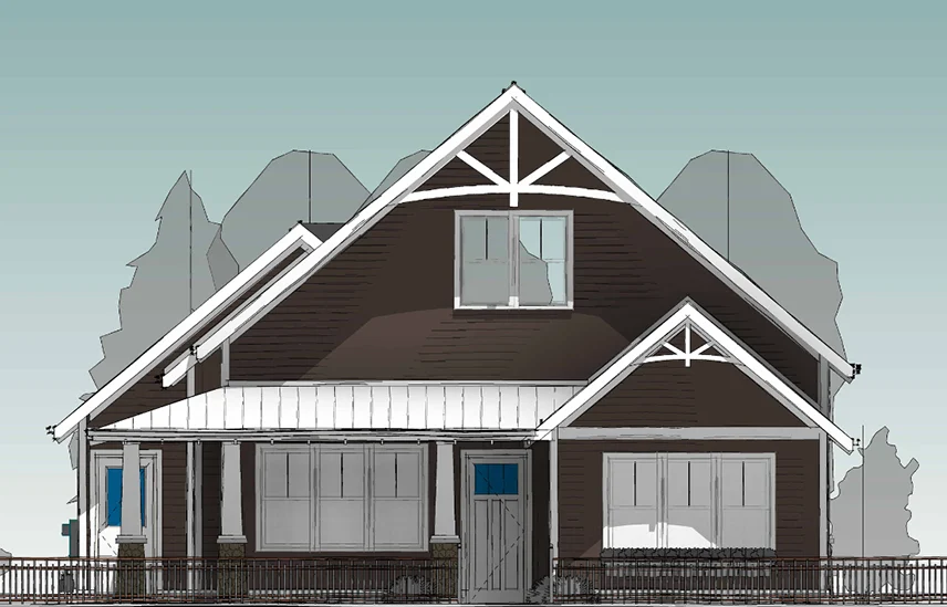 straight view rendering of brown home with wraparound porch