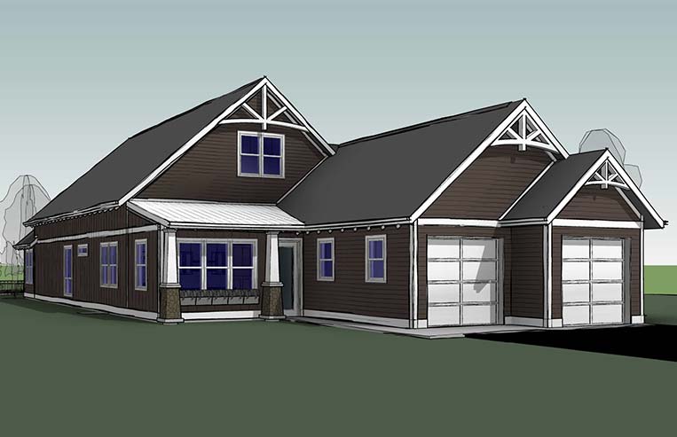 garage view angled rendering of brown home with two garage doors