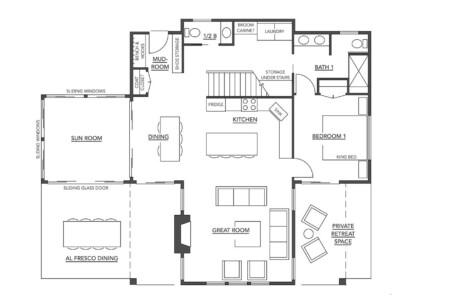 floor plan drawing of main floor of lake home