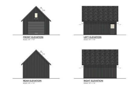 renderings of all four sides of black garage